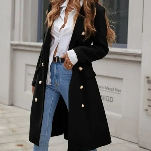 Classic Button up Long Jacket Coat Shabby chic bla - Picture 2 of 8